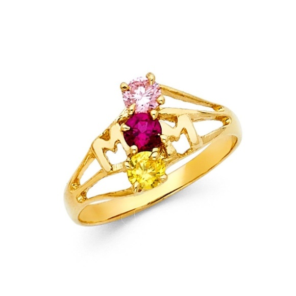 New Real 14k Yellow Gold Birthstone Band Mom Ring